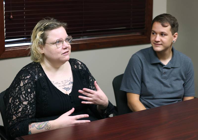 Ash Rootes and Beck Garcia, from DeKalb Mutual Aid, talk Tuesday, June 10, 2025, about their focus for the future of the local nonprofit group.