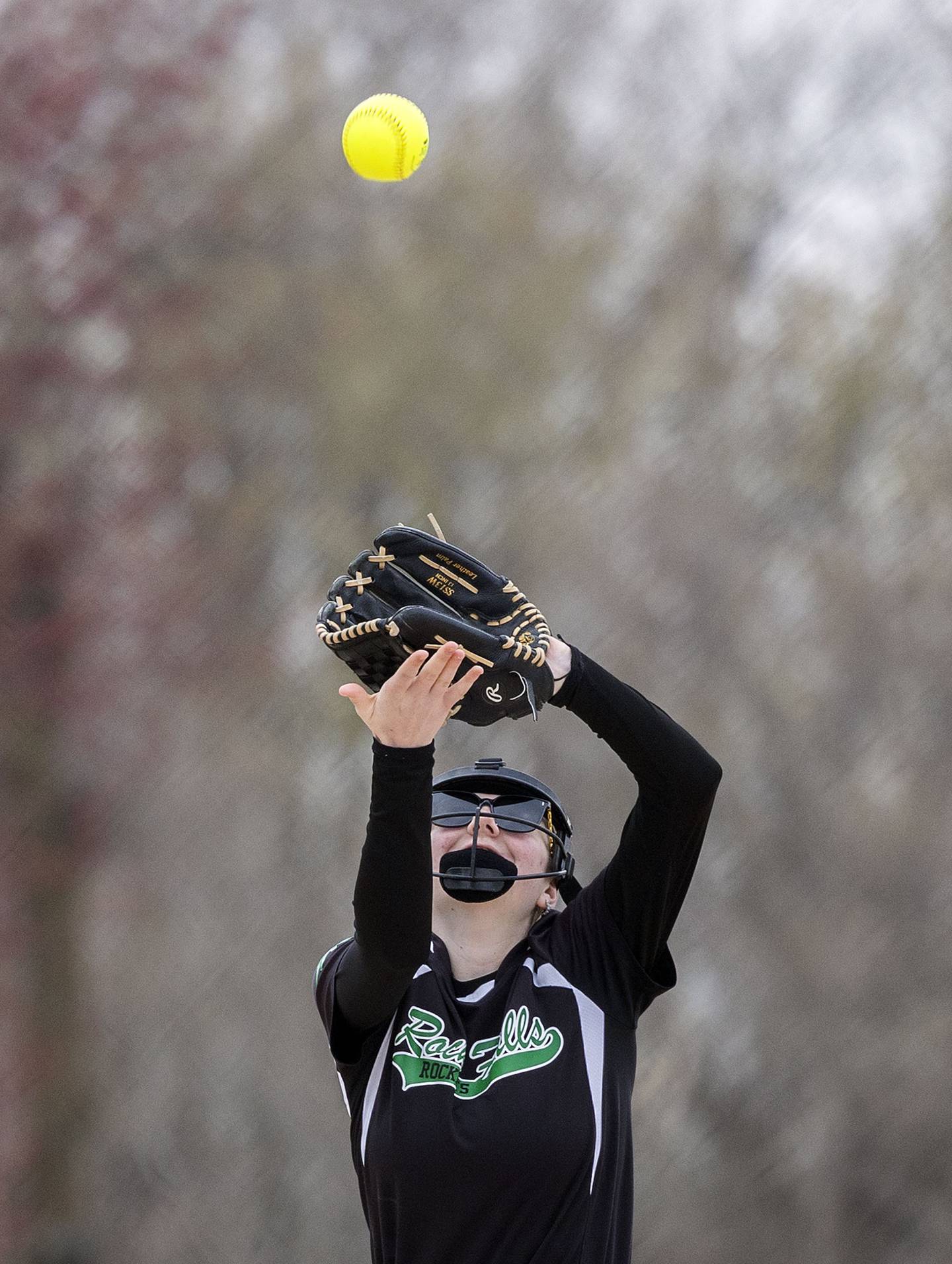 Rock Falls’ Rylee McFadden hauls in a pop up against Rockford Lutheran Thursday, April 10, 2025.