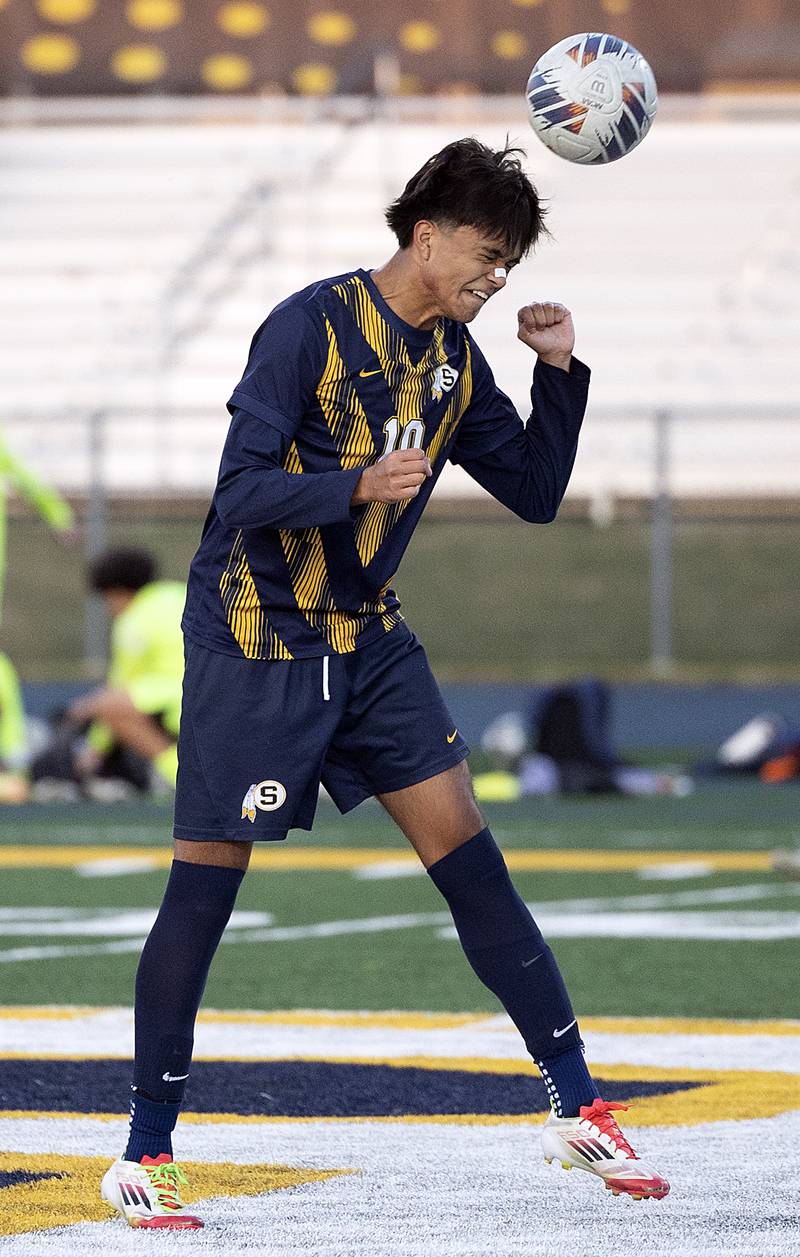 Sterling’s Kevin Ruiz heads the ball against Rochelle Thursday, Sept. 4, 2025.