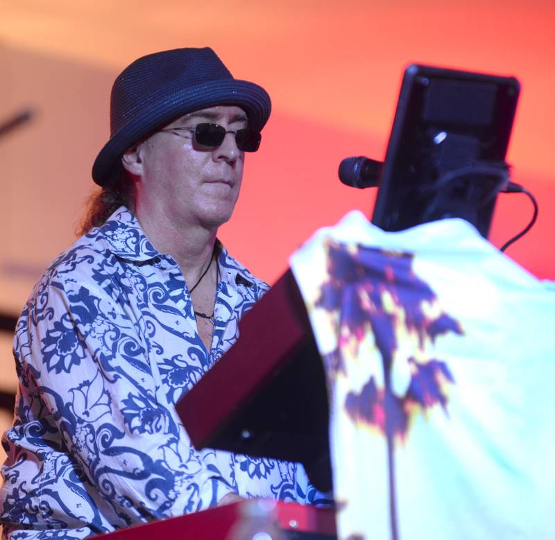 The keyboardist for Heartache Tonight, an Eagles tribute band, plays a song at the Jamboree Concert Series in Mt. Morris on Friday, Aug. 22, 2025.