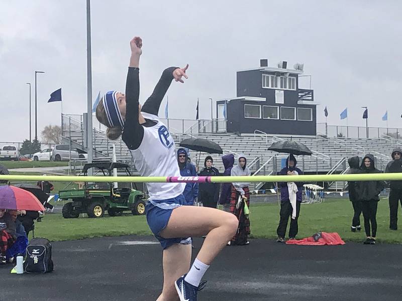 Princeton's Jenna Loftus jumps during Thursday's Three Rivers Track & Field Meet at Bureau Valley High School.