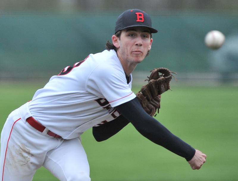 Benet pitcher Jake Perrino delivers to a Montini batter during a game on Apr. 28, 2022 at Benet Academy in Lisle.