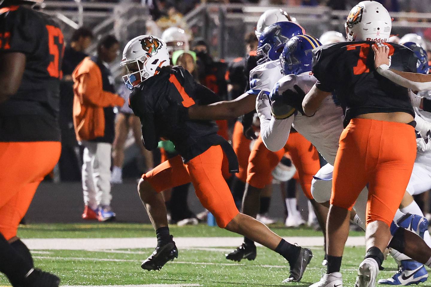 Plainfield East’s Jayden Cawthon pulls away on a run against Joliet Central on Oct. 4, 2024 in Plainfield.