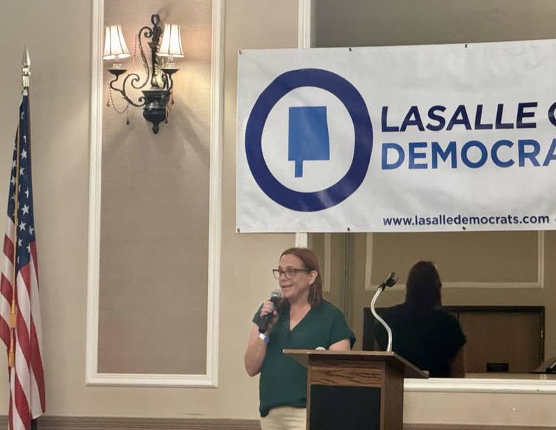 State Representative Murri Briel speaks during the inaugural La Salle County Democrats breakfast forum on Saturday, Sept. 27, 2025, at Grand Bear Lodge in Utica.