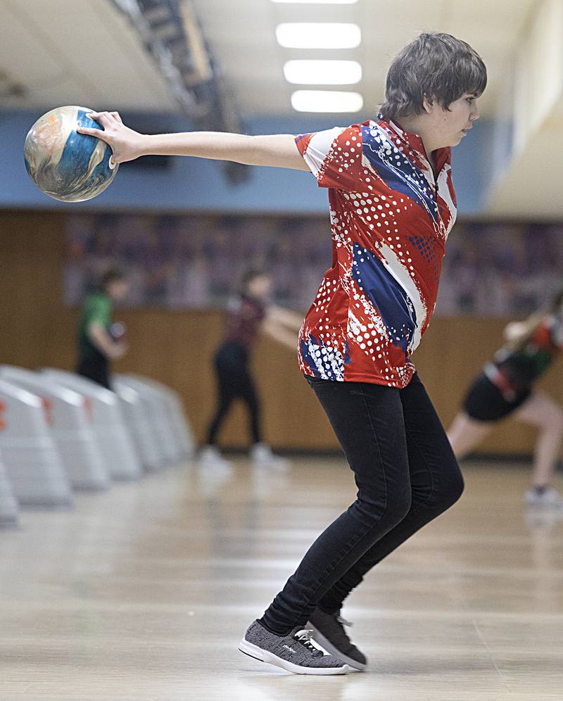 Oregon’s Katy Miller winds up Friday, Feb. 7, 2025, in the girls bowling regionals at Plum Hollow in Dixon.