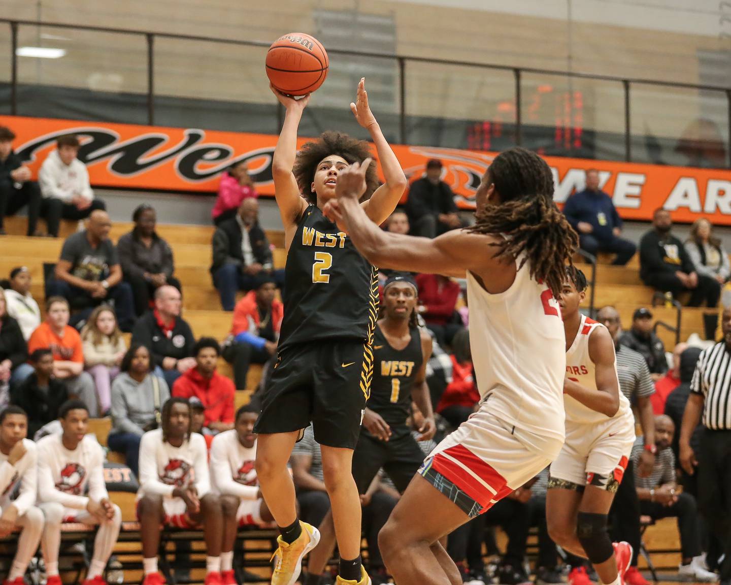 Joliet West's Cory Nobles (2) puts up a shot during Class 4A boys regional basketball game between Rich Township at Joliet West. Feb 23, 2024.