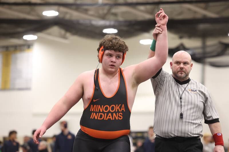 Robbie Murphy of Minooka defeats Jamir Thomas of Romeoville in the 285-pound weight SPC Conference championship match at Joliet West on Saturday, Jan 25, 2025.