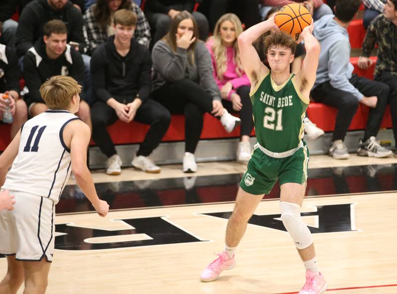 St. Bede's Gus Burr looks to pass the ball off as Ridgeview's Cole Kennedy defends during the Route 17 Classic Tournament on Wednesday, Nov. 27, 2024 at Woodland High School.