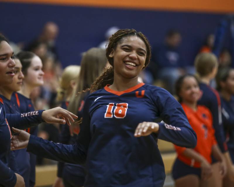 Oswego's Maya Norlin (18) is introduced before volleyball match between Romeoville at Oswego. Oct 16, 2025.
