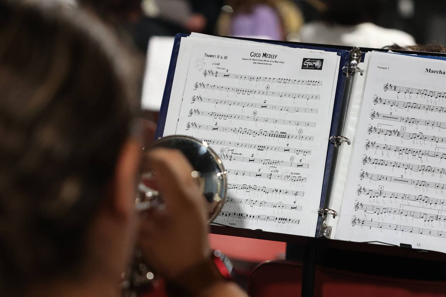 Mariachi de Joliet, a community Mariachi band, practices a song from the Pixar Coco movie for an upcoming fundraiser performance at the Rialto Square Theatre in Joliet.