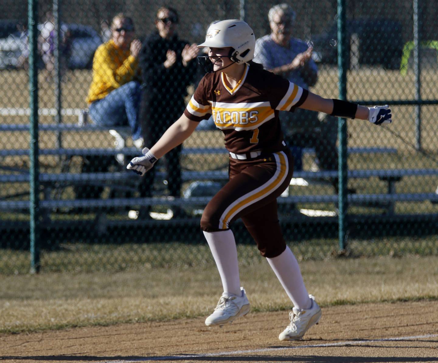 Jacobs' Talia Disilvio runs home after hitting a home run during a nonconference softball game against Marengo on Monday, March 9, 2026, at Marengo High School.