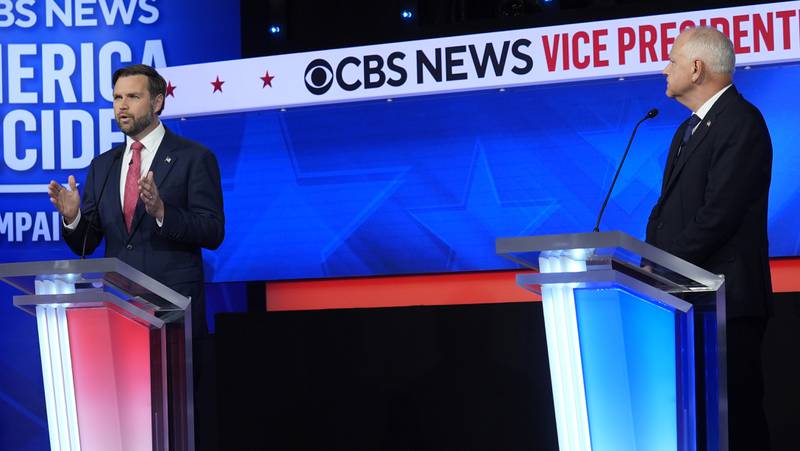 Republican vice presidential nominee Sen. JD Vance, R-Ohio, speaks during a vice presidential debate hosted by CBS News, with Democratic vice presidential candidate Minnesota Gov. Tim Walz, Tuesday, Oct. 1, 2024, in New York. (AP Photo/Matt Rourke)