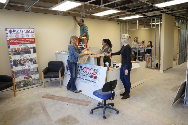 Currently under construction is the Allen Force Recreation Center, located in Joliet, reception area with wheel chair friendly counter and the future wellness room located past the reception area.