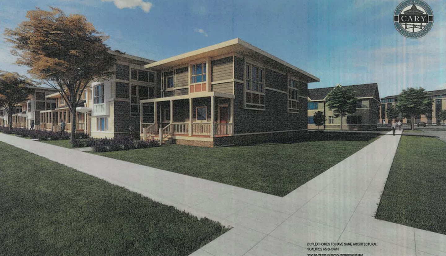 A rendering of the proposed four duplex homes in the residential complex of over 200 total units proposed at the former Maplewood School property in Cary.