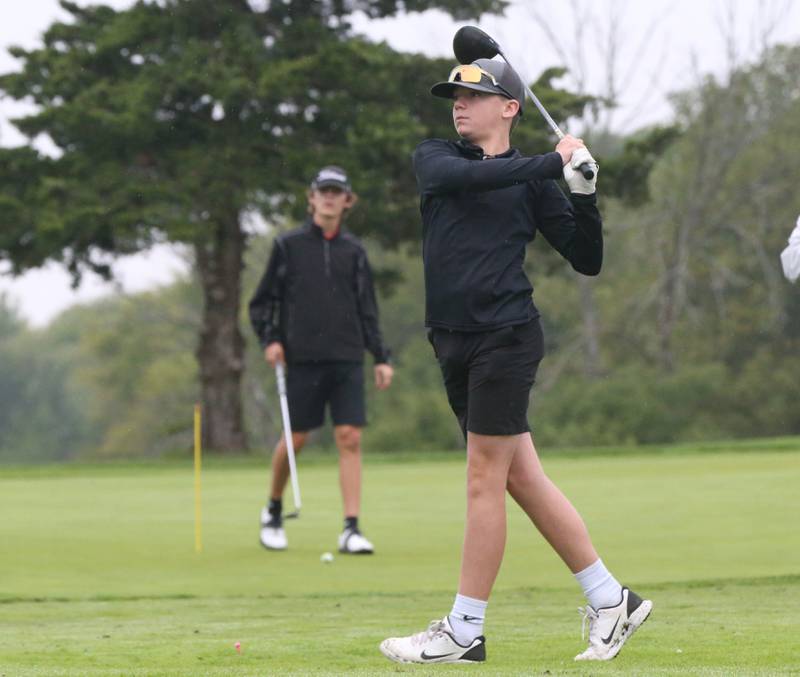 Putnam County's AJ Furar tees off during the Class 1A Regional on Wednesday, Sept. 27, 2023 at Wolf Creek Golf Club in Pontiac.