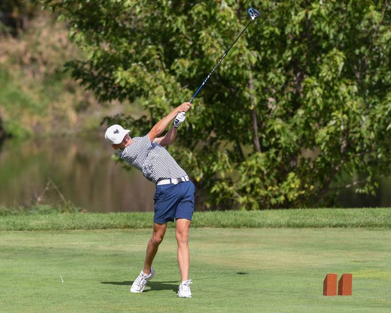 Carter Anderson of Oswego tees off during the Plainfield Central regional on Wednesday Oct. 1, 2025, held at Wedgewood Golf Course in Plainfield.