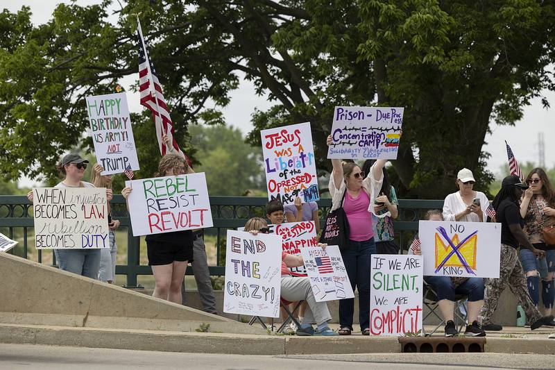 Protesters in Dixon join a nationwide No Kings protest Saturday, June 14, 2025. The anti-Trump gathering lined both sides of the Peoria Avenue Bridge.