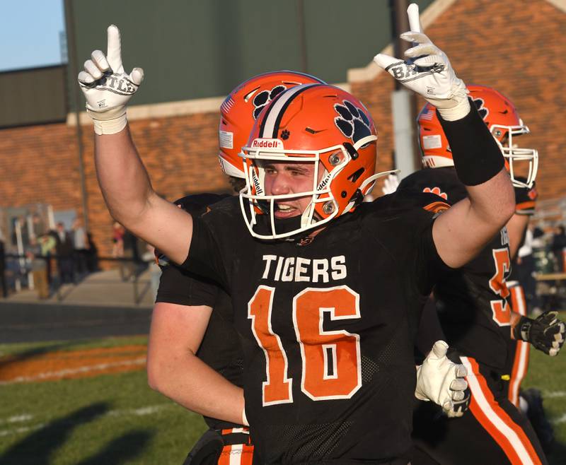 Byron's Andrew Talbert (16) reacts after intercepting a fourth quarter pass against  Elmhurst IC Catholic during a 3A quarterfinal game at Byron High School on Saturday, Nov. 15, 2025.
