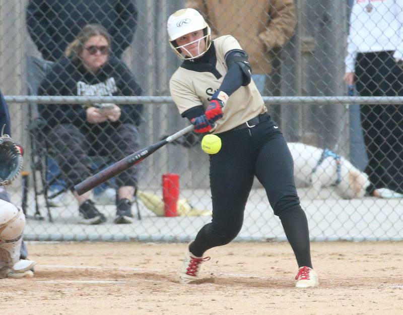 Sycarmore's Riley Schuller makes contact with the ball on Tuesday, May 5, 2026 at Peck Park in Ottawa.