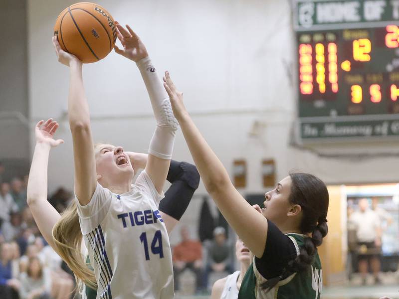 Princeton's Payton Brandt eyes the hoop as St. Bede's Hanna Waszkowiak defends during the Class 2A Regional semifinal game on Tuesday, Feb. 17, 2026 at St. Bede Academy.