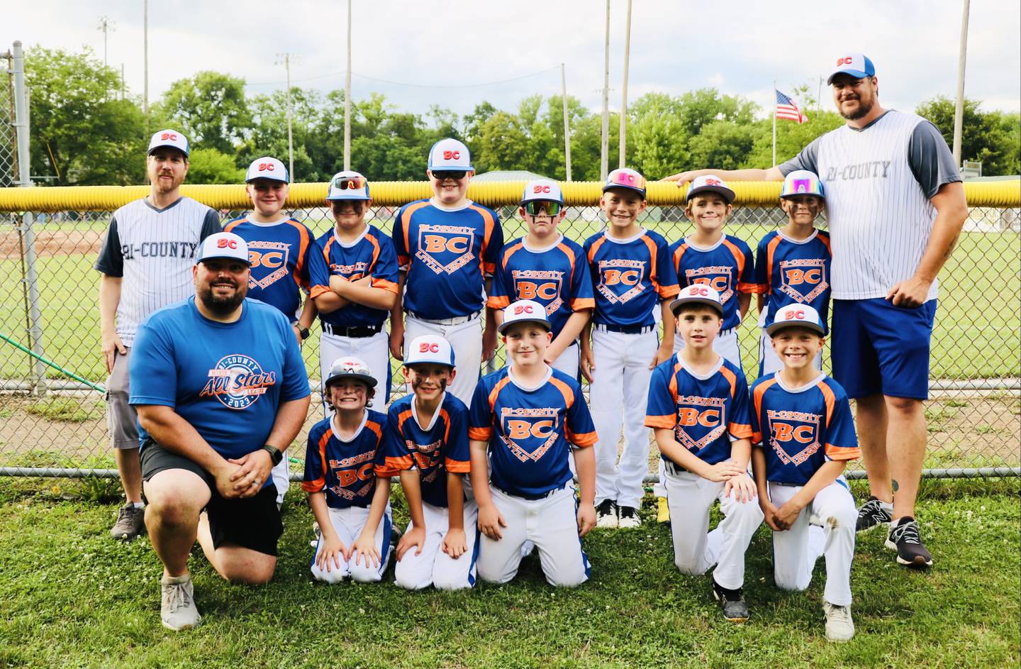 Team members for the 2023 Bi-County Minor League All-Stars are (front row, from left) coach BJ Holocker, Tucker Guskusky, Mylo Mertel, Quinn Kinsella, Clayton Briddick and Kingston Nuding; and (back row): Coach Josh Briddick, Mason King, Blake Richardson, Marshall Holocker, Brayden Kierski, Liam Judd, Liam Askeland, Wyatt Rue and Coach Adam Rue. Not pictured Hunter Heckman