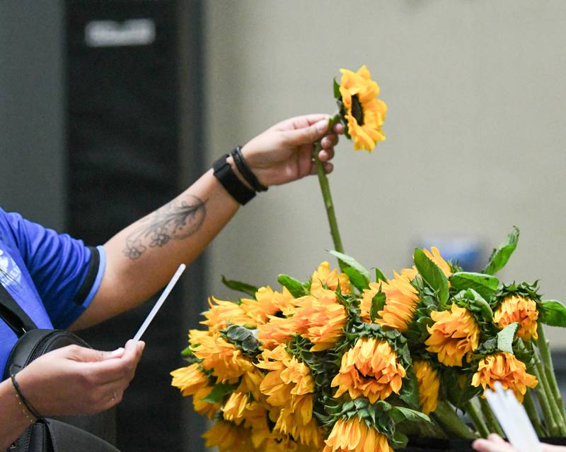 Sunflowers were passed out on Saturday, March 29, 2025, during a memorial vigil to mark one year since the late sheriff's deputy Christina Musil, 35, was killed in the line of duty in a car crash in Waterman while on patrol on March 28, 2024. The vigil was held at the Sycamore High School Field House. Sunflowers were Musil’s favorite flower.