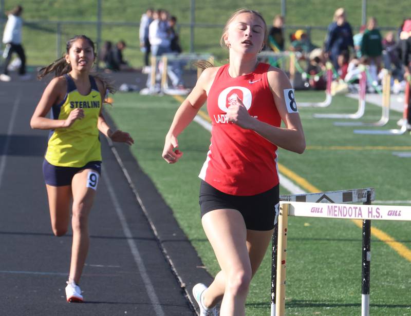 Sterling's Christina Mata and Ottawa's Ailey Harstad run the 800 meter race during the Class 2A Sectional track meet on Wednesday, May 13, 2026 in the Jeff Prusator Athletic Complex at Mendota High School.