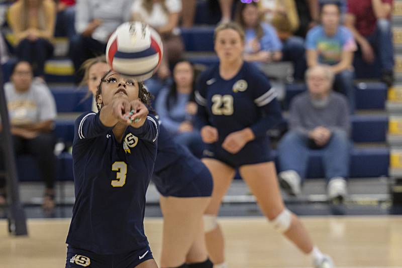 Sterling’s Delali Amankwa passes the ball against Alleman Monday, Sept. 18, 2023 at Sterling High School.