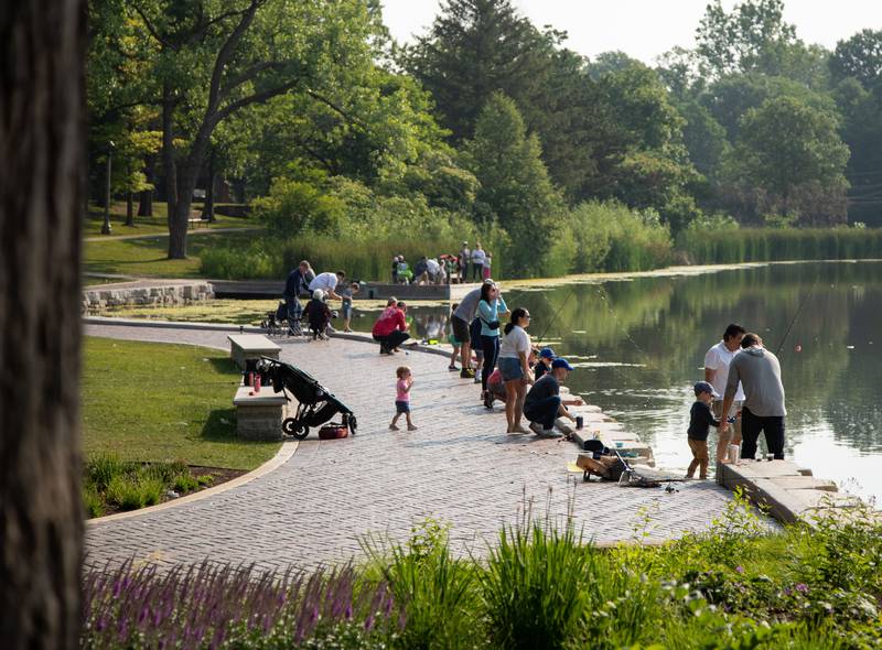 Attendees lined the shoe line of Lake Ellyn to fish during the Glen Ellyn Park District's Gone Fishin' Derby in Glen Ellyn on Saturday, June 18, 2023.