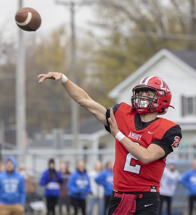 Amboy’s Eddie Jones fires a pass against Martinsville Saturday, Nov. 9, 2024, in round two of the 8-man football playoffs.