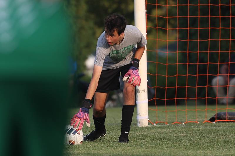 Providence keeper Luke McAllister sets to put the ball in play against Joliet Catholic on Aug. 21, 2023 in New Lenox.