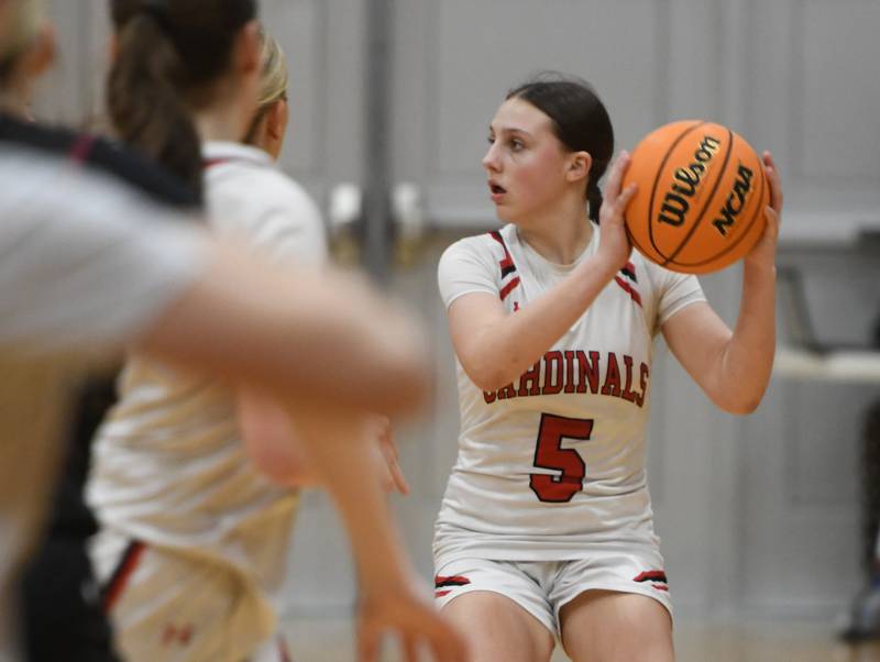 Forreston's Xairyn Goeddeke looks to pass the ball during a game with Dakota on Friday, Feb. 6, 2026 at Forreston High School.