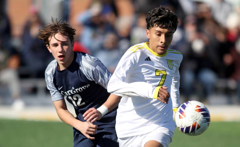 Cary-Grove’s Jack Donoghue, left, races Harvard’s Jesus Aquino for the ball in IHSA Class 2A Regional Title Game soccer action on Saturday, Oct. 26, 2024, at  Harvard Junior High School  in Harvard.