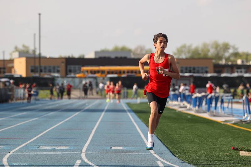 Bradley-Bourbonnais' Kyler Savini leads the pack in the boys 3200 meters during the All-City meet at Kankakee High School on Monday, April, 28, 2025. Savini placed first with a time of 10:46 as the Boilermakers claimed the top five spots in the event.