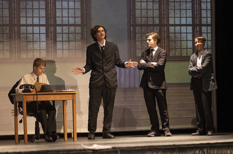 Cast members rehearse a scene Tuesday, May 5, 2026, for Rock Falls High School’s  upcoming performances of “Catch Me If You Can.”