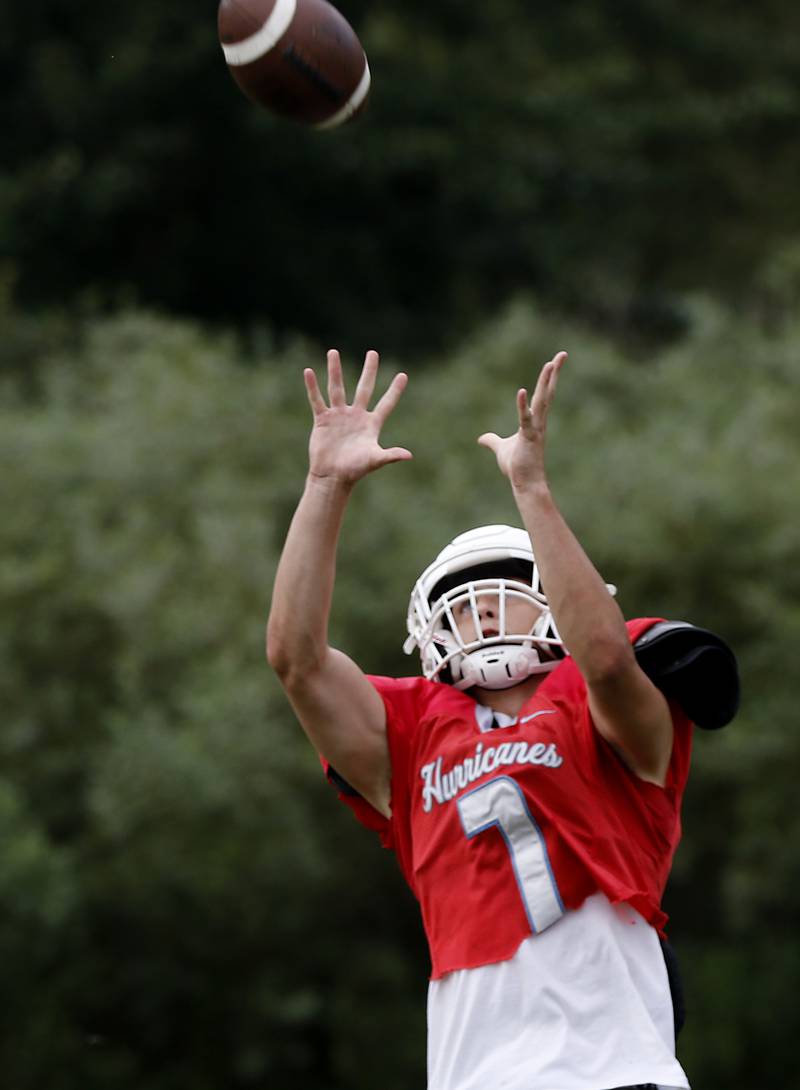 Marian Central’s Josh Gawronski catches the football during football practice on Tuesday, August 19, 2025, at Marian Central  High School in Woodstock.