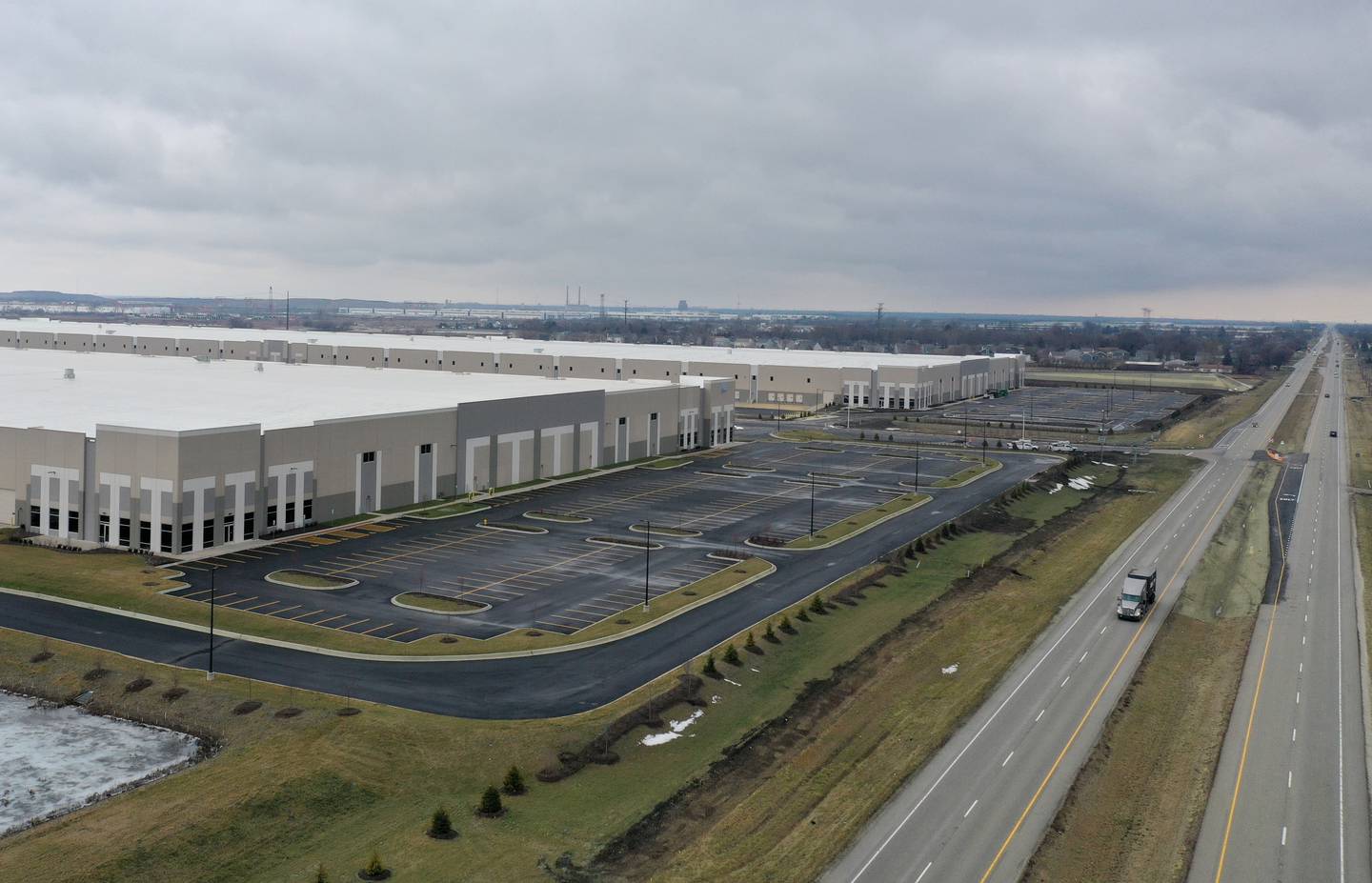 An aerial view of distribution centers for the NorthPoint group near the intersection of Noel Road and Illinois Route 53 on Tuesday, Jan. 30, 2024 in Elwood. NorthPoint is developing the Third Coast Intermodal Hub, a warehouse development of more than 2,000 acres stretching from Joliet to Elwood.