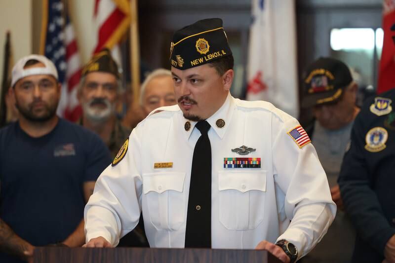 Anthony Zipsie, of the American Legion Post 1977, speaks at the Veterans Day event at the New Lenox Village Hall on Monday, Nov. 11, 2024.