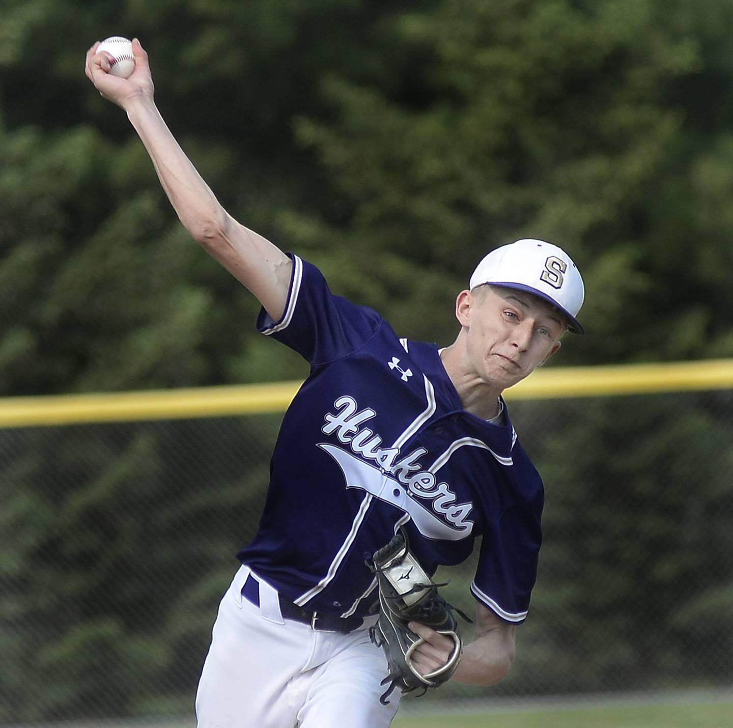 Serena starting pitcher Carson Baker lets go with a pitch against Marquette on Wednesday, May 17, 2023, at Marquette.