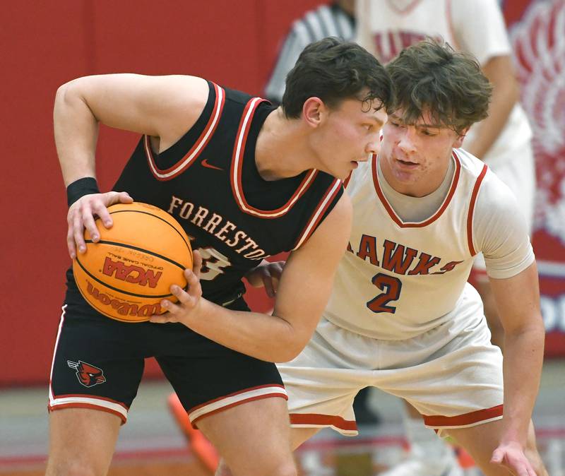 Forreston's Kendall Erdmann (left) looks to make a move on Oregon's Cooper Johnson during a Tuesday, Feb. 17, 2026 game at the Blackhawk Center in Oregon.