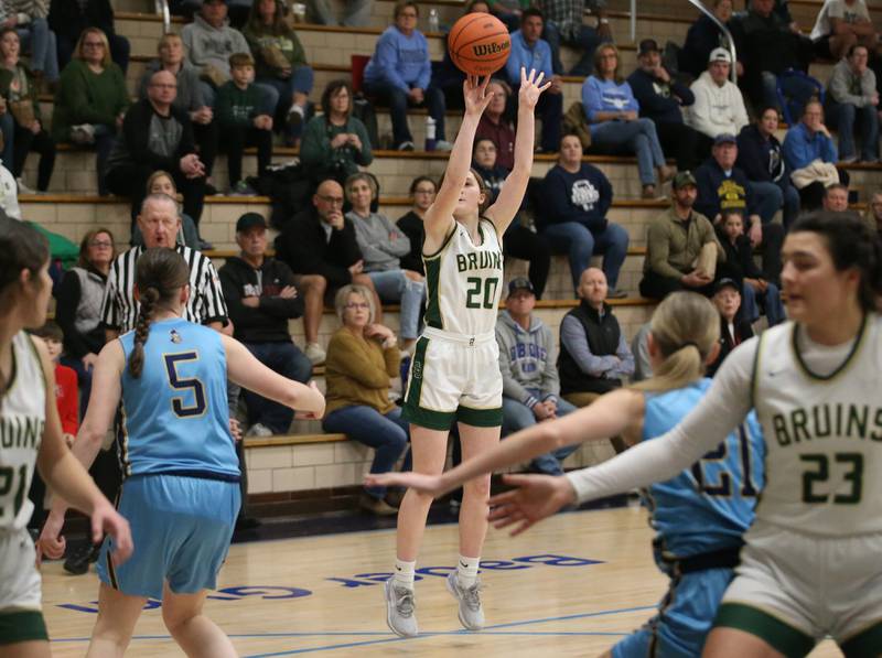 St. Bede's Lili McClain shoots a wide-open jump shot against Marquette during the Class 1A Regional semifinal game on Monday, Feb,. 12, 2024 in Bader Gym.