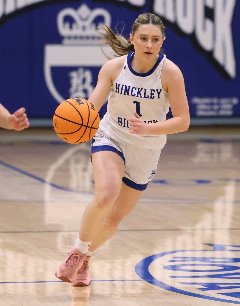 Hinckley-Big Rock's Payton Murphy pushes the ball up the court during their game Thursday, Jan. 29, 2026, against Indian Creek at Hinckley-Big Rock High School.