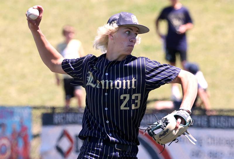 Lemont's Shea Glotzbach delivers a pitch during their Class 3A state semifinal game against Highland Friday, June 7, 2024, at Duly Health and Care Field in Joliet.