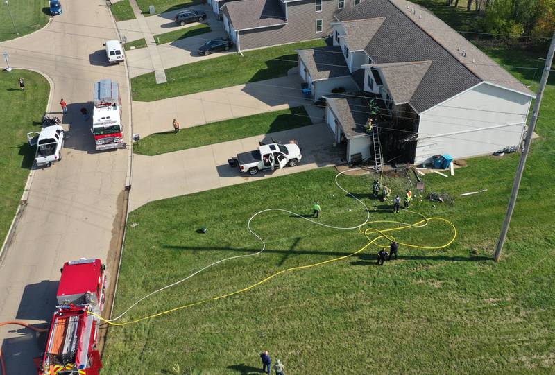 Oglesby, Peru Tonica and Utica fire departments work the scene of a duplex house fire in the 200 block of Sunset Boulevard on Tuesday, Oct. 24, 2023 in Oglesby. Two occupants were evacuated safely from the residence. The fire happened shortly after 11a.m. It was extinguished about an hour later.