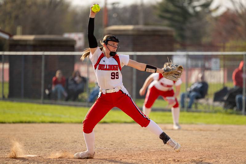 Makenna Ondrey (99) of Streator pitches on Wednesday, April 16, 2025 at Streator High School in Streator.