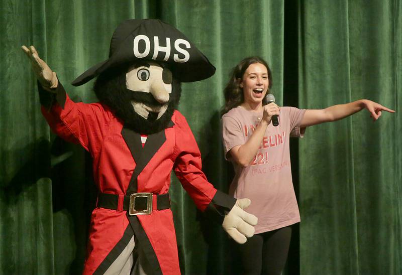 "Sudsy" the Ottawa Township High School Pirate mascot acts out a scene with student Molly Buscher during the 48th annual Fine Arts Festival on Thursday, March 17, 2022 at Ottawa High School.