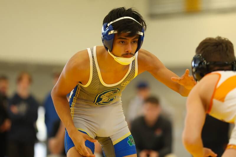 Joliet Central’s Tony Toledo faces Normal’s Caden Correll in the 113lb 1st place match at the Class 3A Joliet West Regionals. Saturday, Feb. 5, 2022, in Joliet.