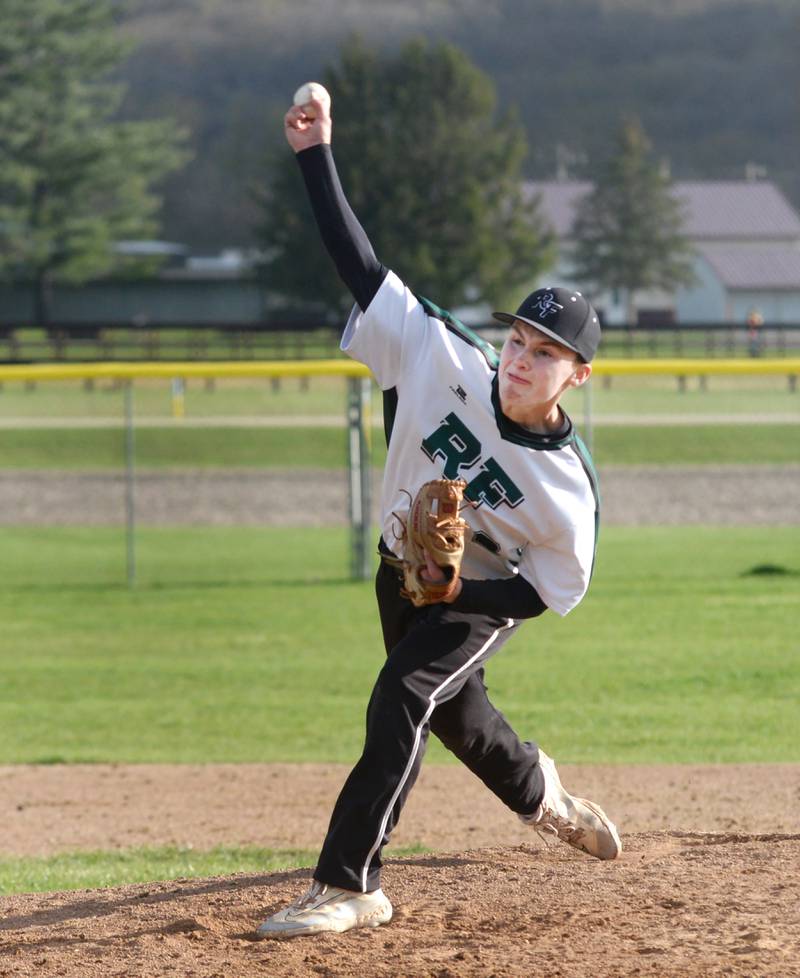 Rock Falls' Ethan Mathews pitches against Oregon on Monday, April 21, 2025 at Oregon High School. The Rockets won the game 5-1.