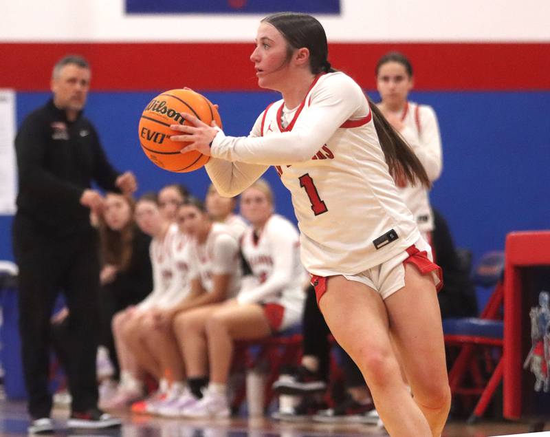 Huntley’s Lana Hobday looks for an option against Hononegah in girls basketball at Dundee-Crown High School in Carpentersville on Tuesday, November 25, 2025.