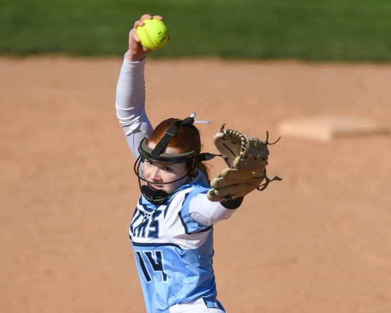 Lake Park's Gianna Furlano (14) pitches against St. Charles North during the game on Wednesday April 24, 2024, held at Lake Park High School.